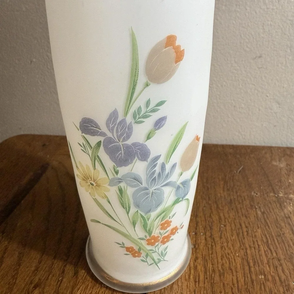 Vintage White Satin Glass Vase Butterfly Flowers Japan  Gold Trim‎ 8
